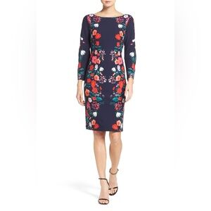 Eliza J Navy Floral Print Sheath Dress with 3/4 Length Sleeves Size 14